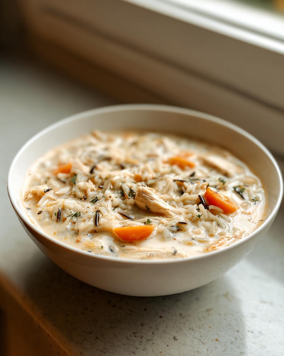 A close-up of a white bowl filled with creamy wild rice soup, featuring shredded chicken and bright orange carrot slices.