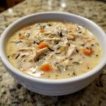A close-up of a hearty bowl of creamy wild rice soup, featuring shredded chicken, carrots, and dark wild rice grains.