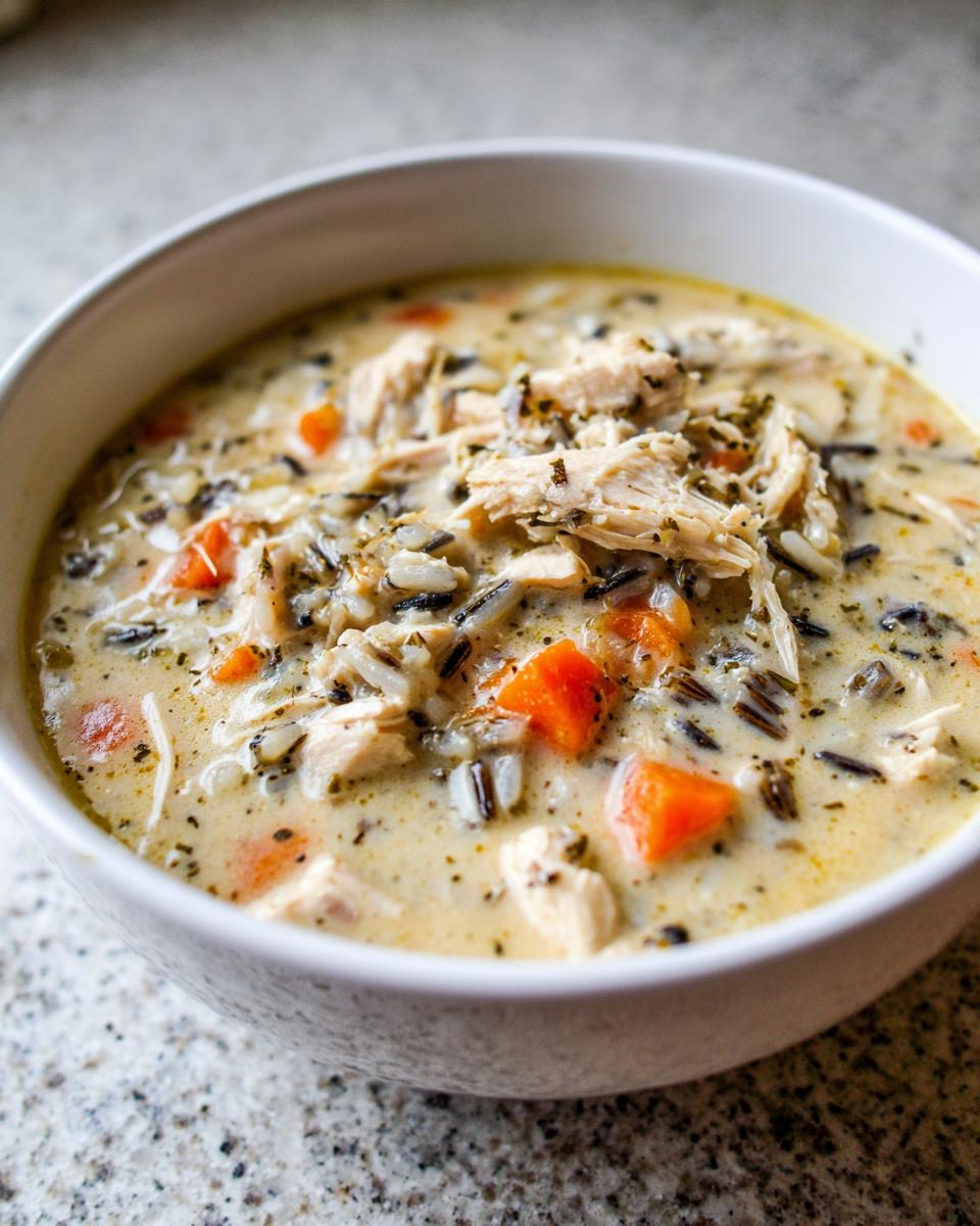 A close-up of a white bowl filled with creamy wild rice soup, featuring shredded chicken and diced carrots.