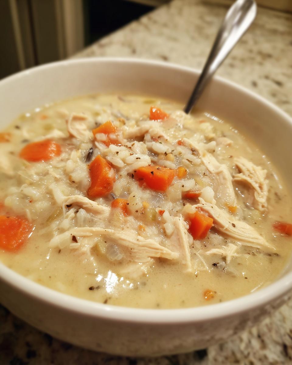 Close-up of a bowl of creamy wild rice soup filled with shredded chicken and diced carrots.
