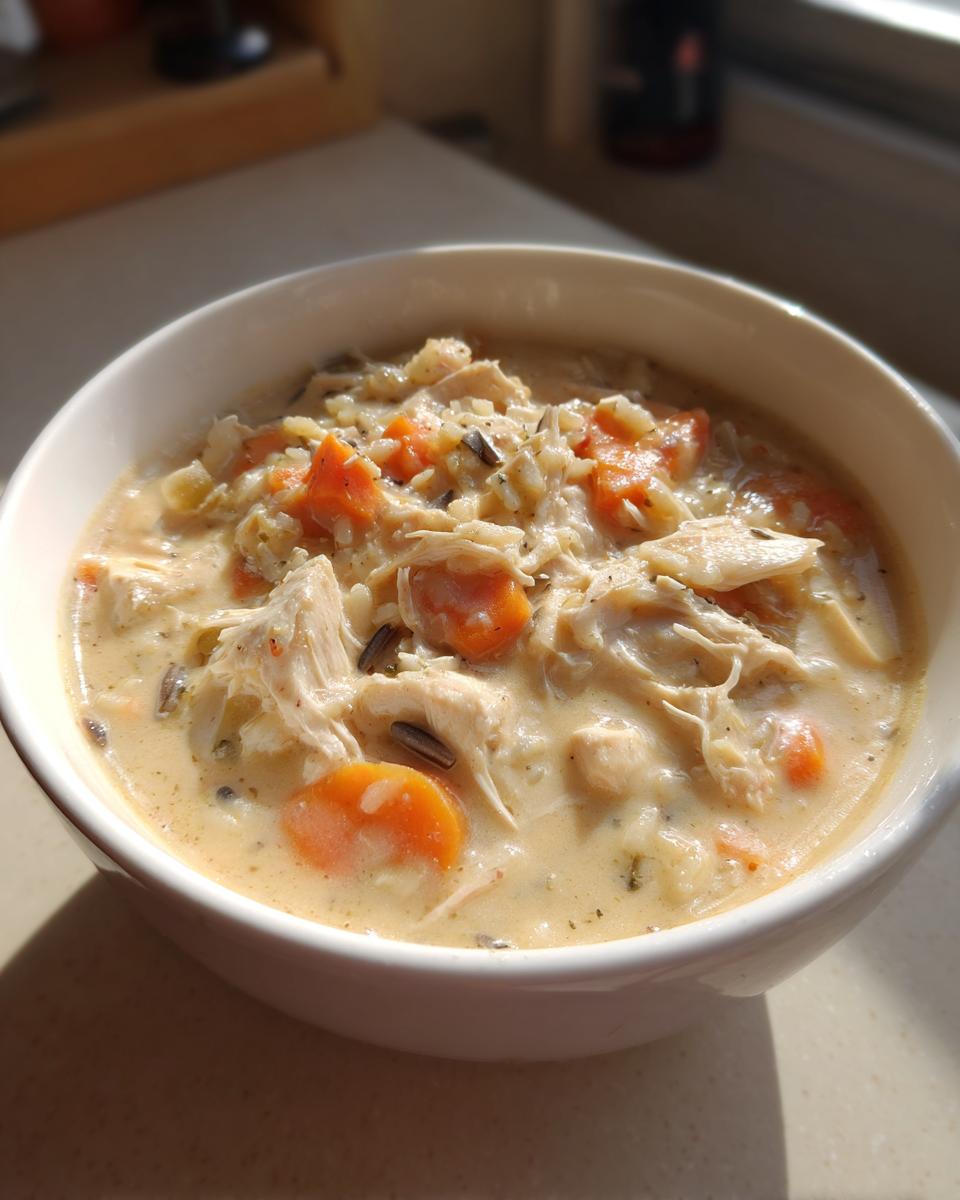 A close-up of creamy wild rice soup filled with shredded chicken and bright orange carrot slices in a white bowl.