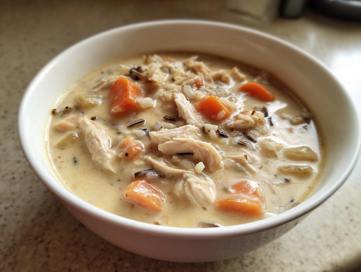 Close-up of a hearty bowl of creamy wild rice soup featuring shredded chicken, bright orange carrots, and wild rice grains.