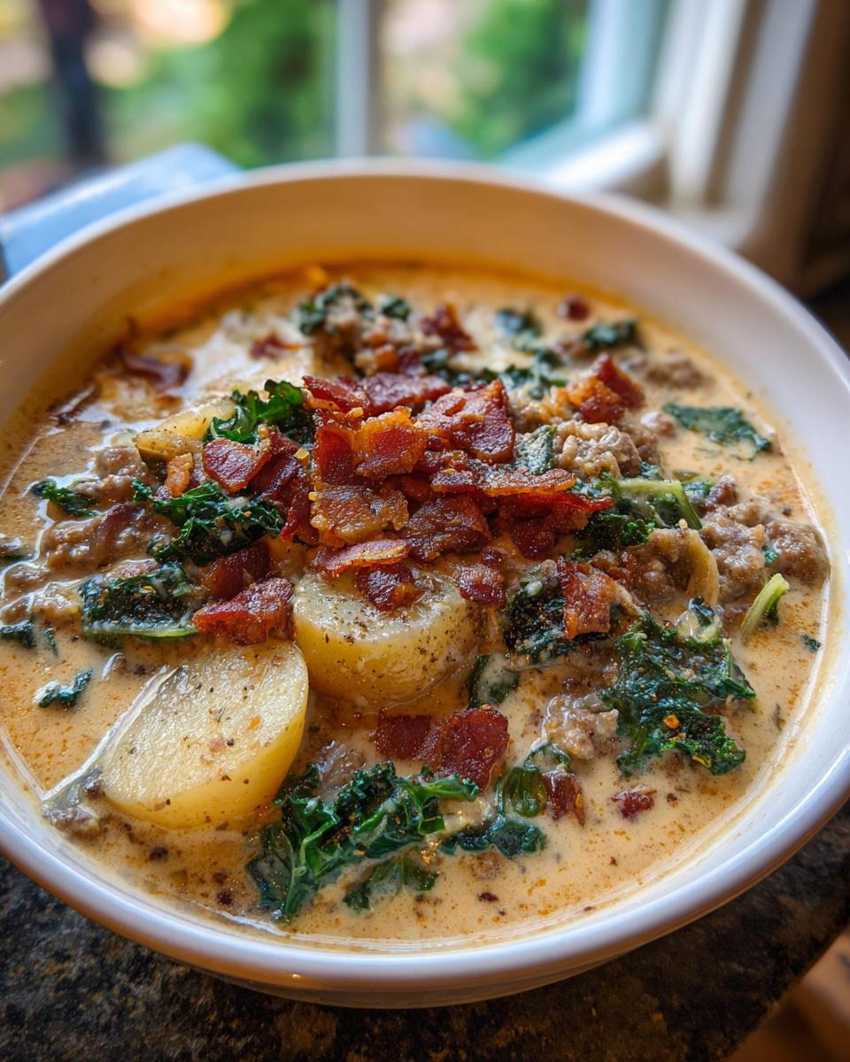 Close-up of a bowl of creamy zuppa toscana soup featuring potatoes, kale, sausage, and crispy bacon crumbles.
