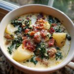 A close-up of a creamy bowl of zuppa toscana soup, featuring potatoes, sausage, kale, and topped with crispy bacon bits and Parmesan.