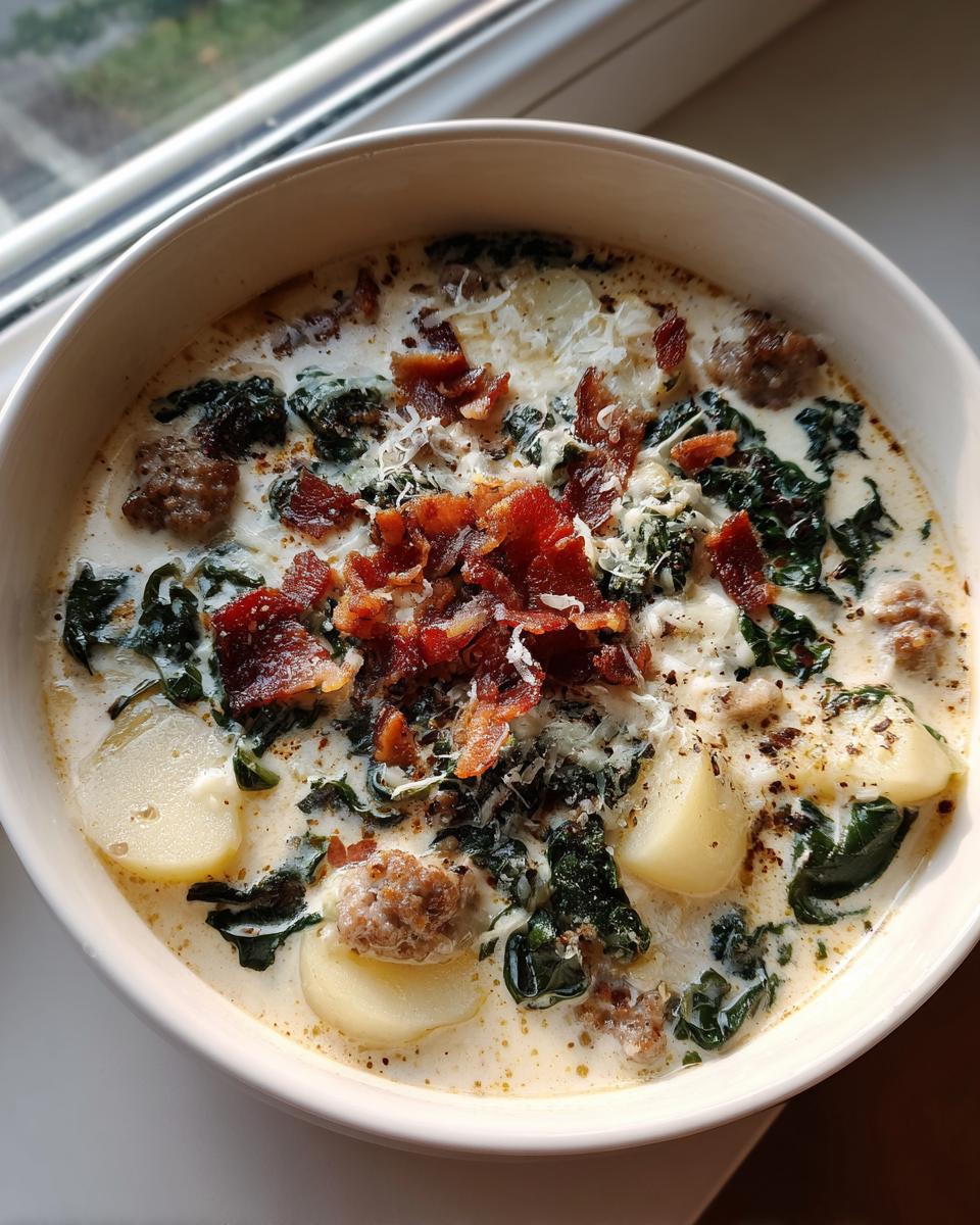 A close-up overhead shot of a bowl of creamy zuppa toscana soup topped with sausage, kale, potatoes, cheese, and crispy bacon.