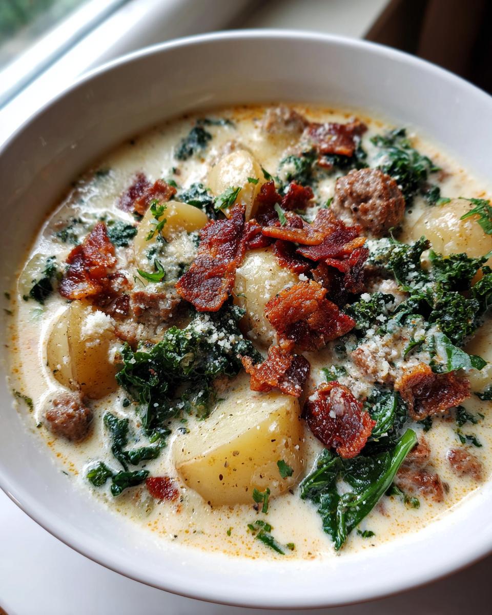 Close-up of a hearty bowl of zuppa toscana soup featuring potatoes, kale, sausage, and topped with crispy bacon.