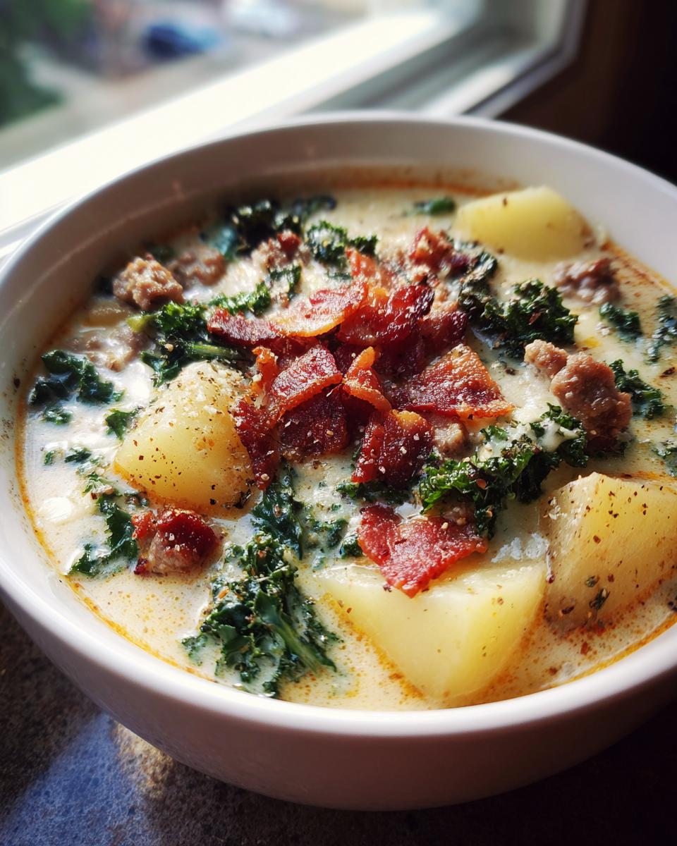 Close-up of a creamy bowl of Zuppa Toscana soup topped with crispy bacon, kale, sausage, and potatoes.