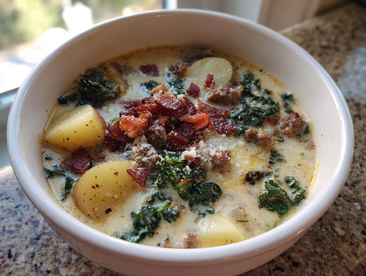 A close-up of a bowl of creamy zuppa toscana soup, featuring sausage, kale, potatoes, and topped with bacon bits.