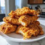 A tall stack of golden brown, crispy air fryer chicken tenders piled on a white plate, one piece broken open showing white meat.