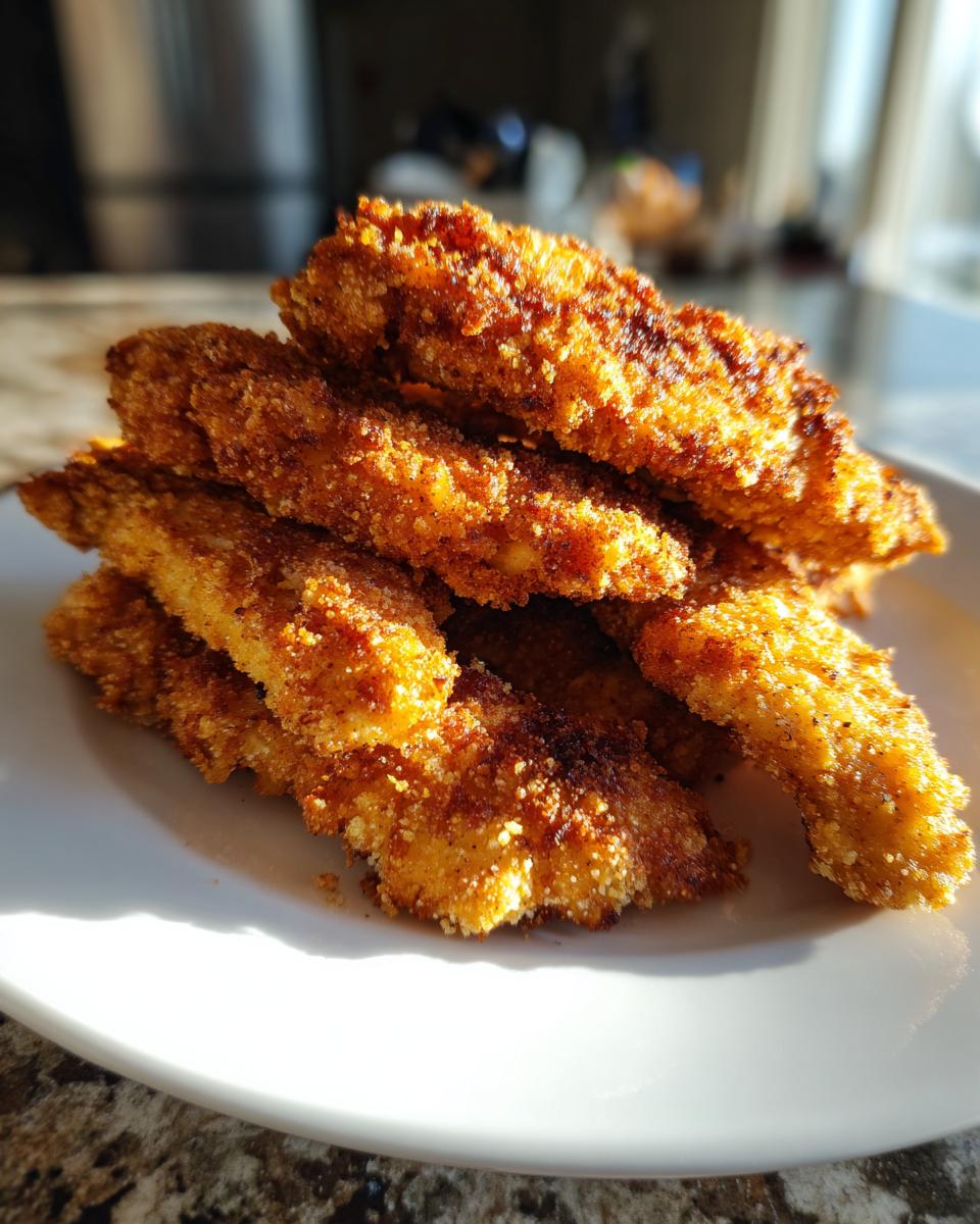 A stack of golden brown, crispy air fryer chicken tenders piled high on a white plate.