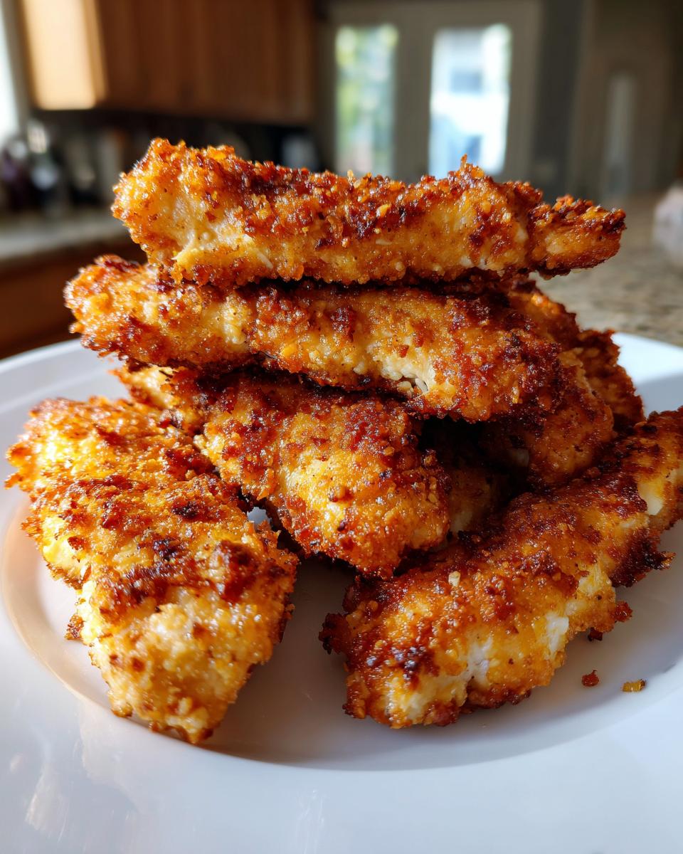 A stack of golden brown, crispy air fryer chicken tenders piled high on a white plate.