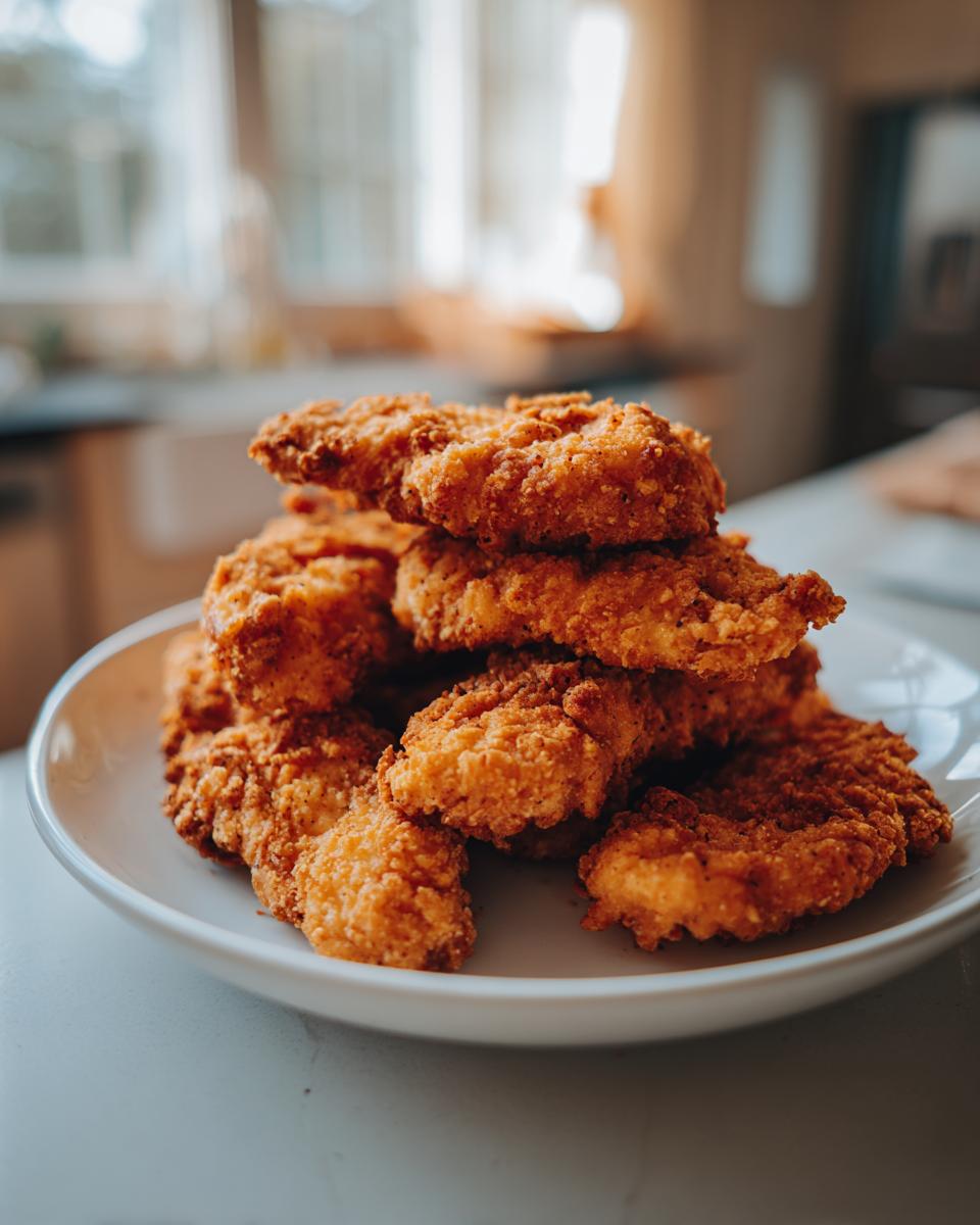 A stack of golden brown, crispy air fryer chicken tenders piled high on a white plate.