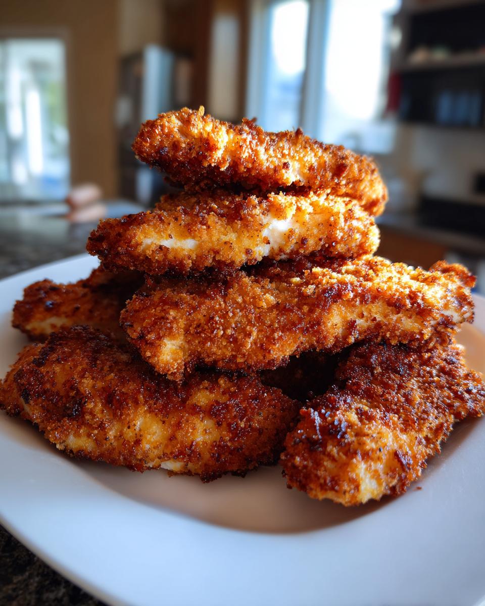 A close-up of a stack of golden brown, crispy air fryer chicken tenders piled high on a white plate.