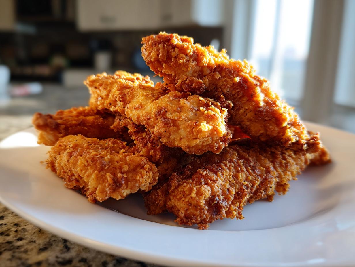 A close-up of a pile of golden brown, crispy air fryer chicken tenders stacked high on a white plate.