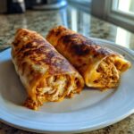 Two golden-brown, crispy Baked Chicken Chimichangas, cut open to show shredded chicken filling, served on a white plate.