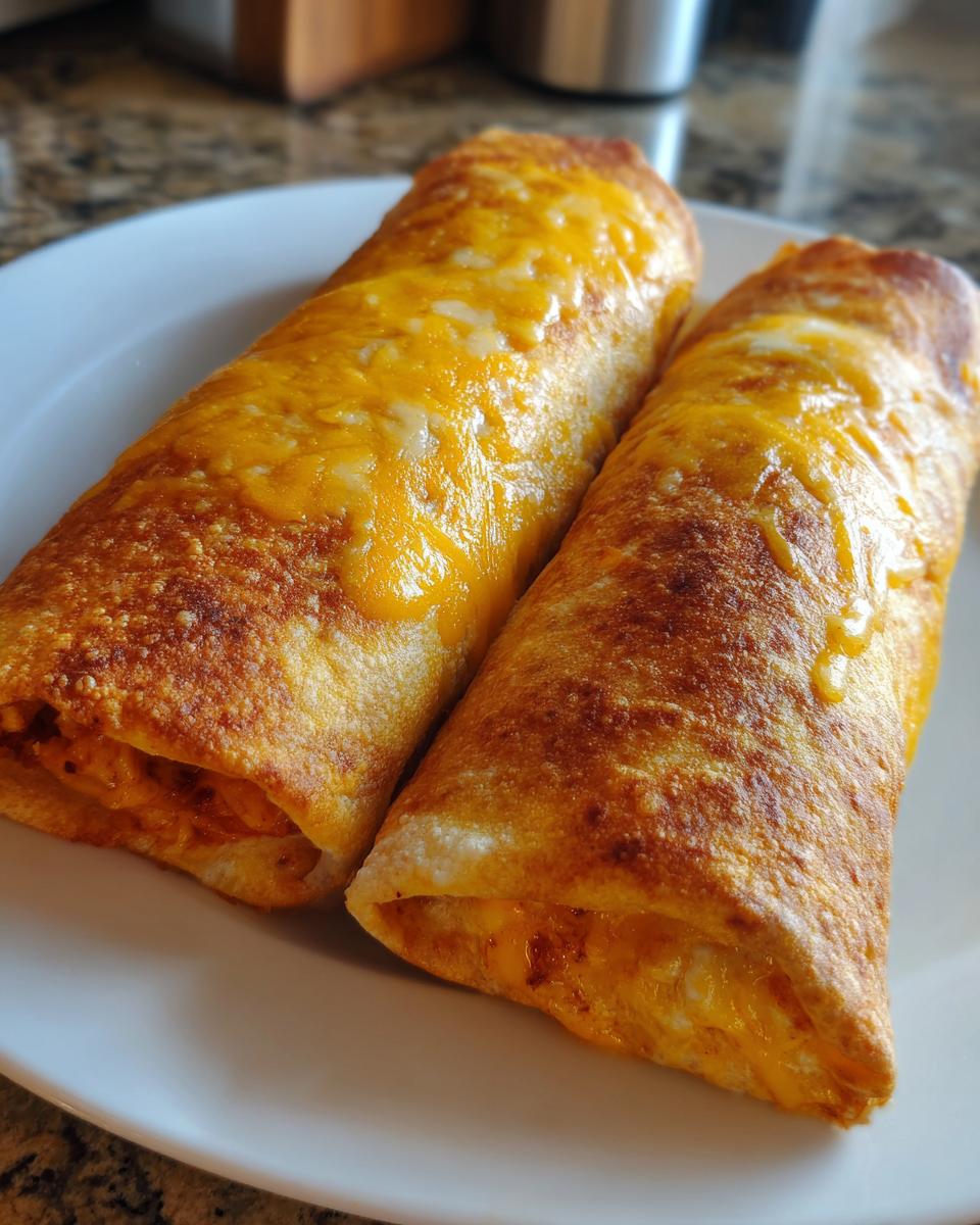 Two golden-brown, crispy Baked Chicken Chimichangas topped with melted orange cheddar cheese on a white plate.