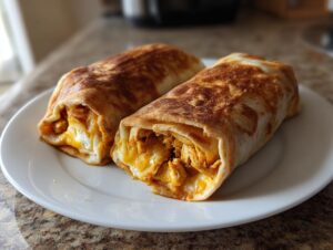 Two golden brown, crispy baked chicken chimichangas filled with shredded chicken and melted cheese, served on a white plate.