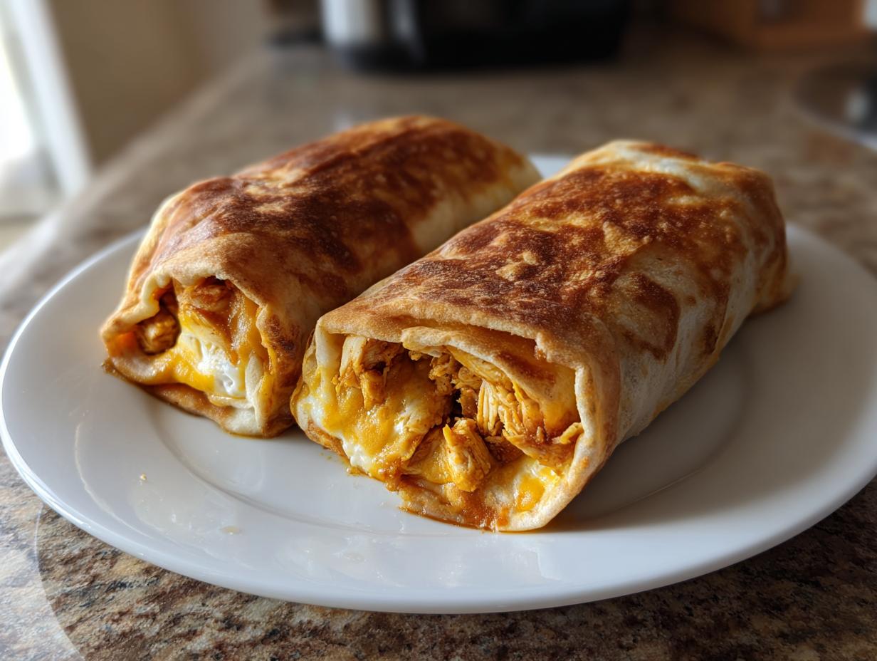 Two golden brown, crispy baked chicken chimichangas filled with shredded chicken and melted cheese, served on a white plate.