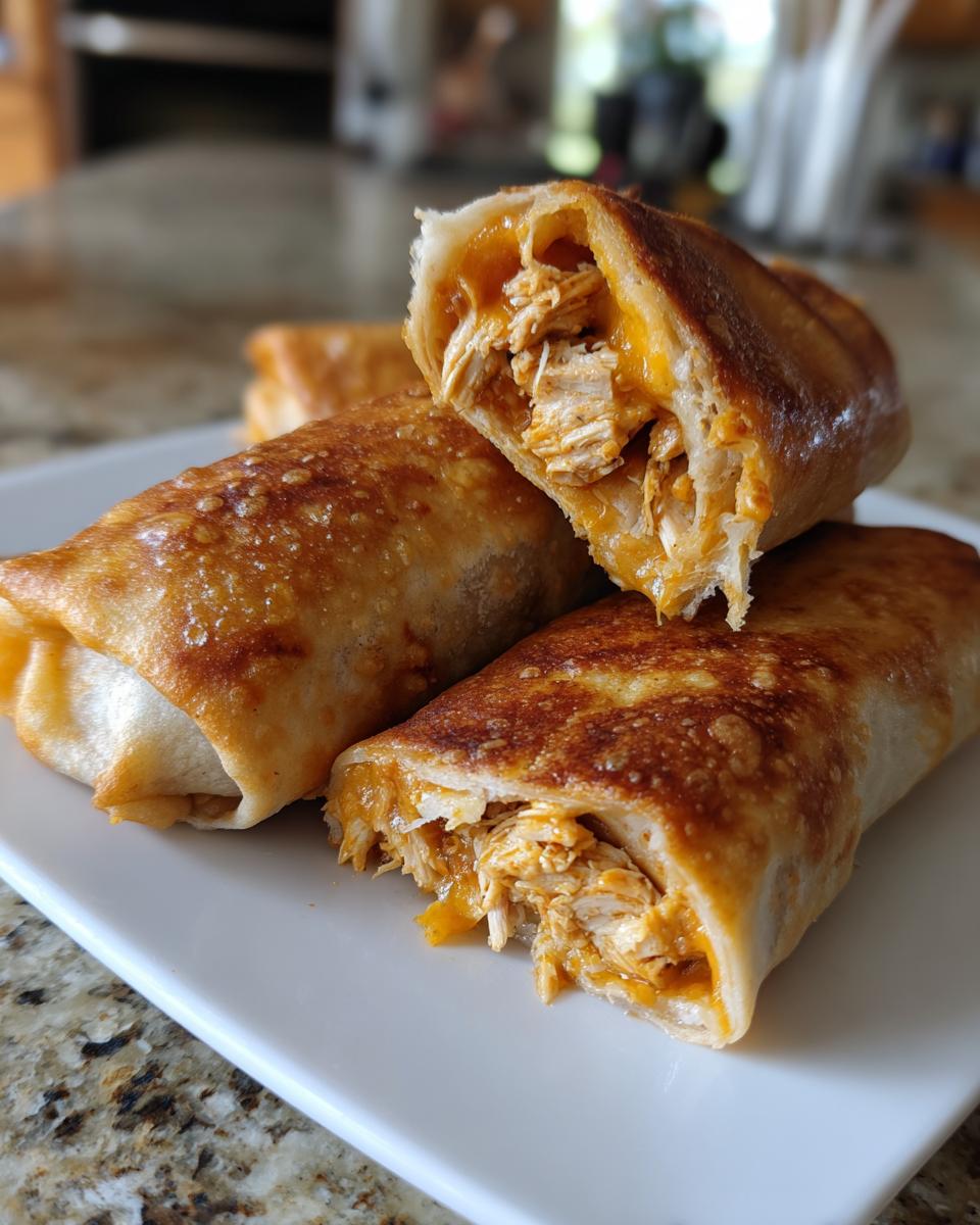 Close-up of crispy Baked Chicken Chimichangas, one cut open showing shredded chicken and melted cheese filling.