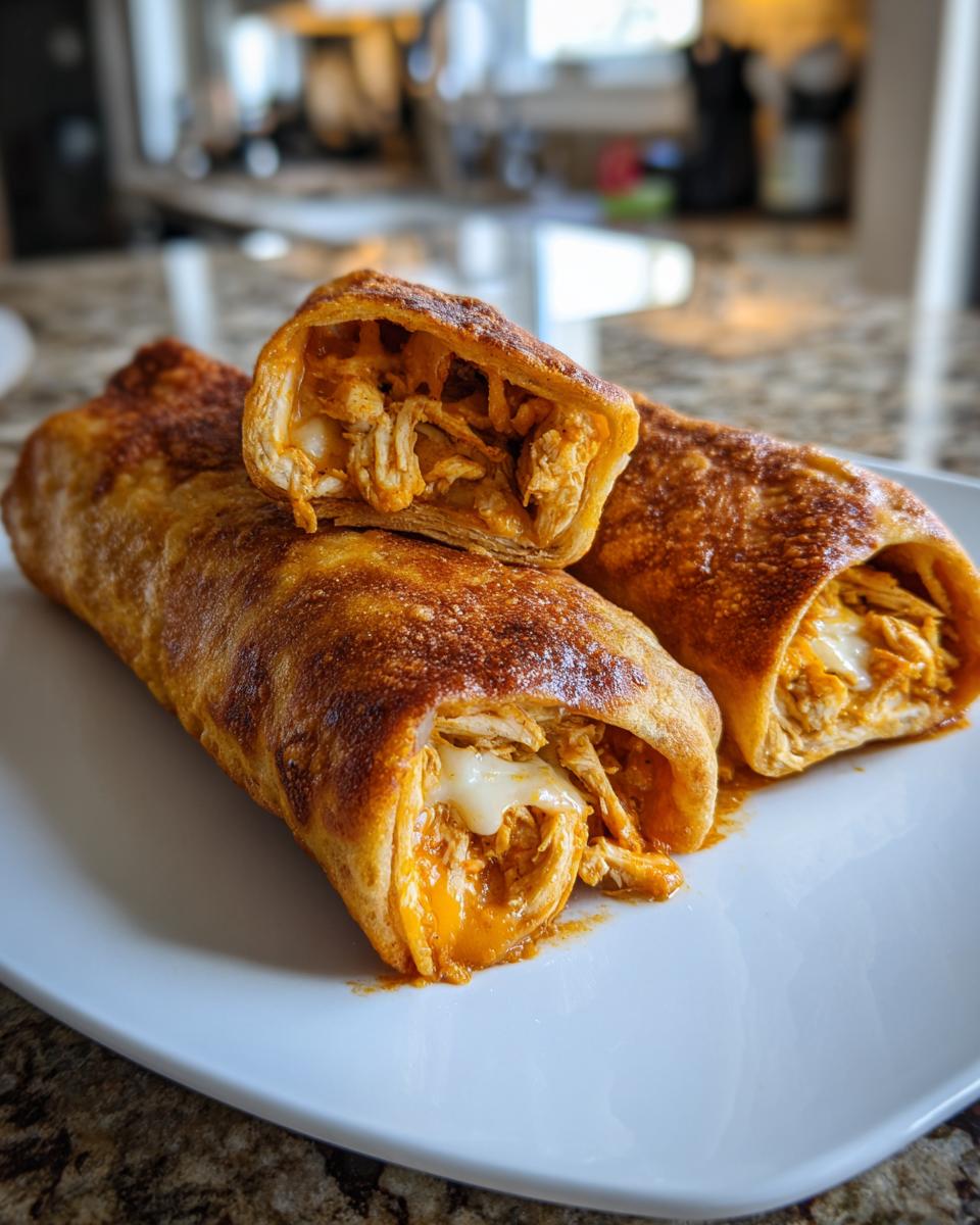 Close-up of two golden brown Baked Chicken Chimichangas on a white plate, one cut open showing shredded chicken and melted cheese.