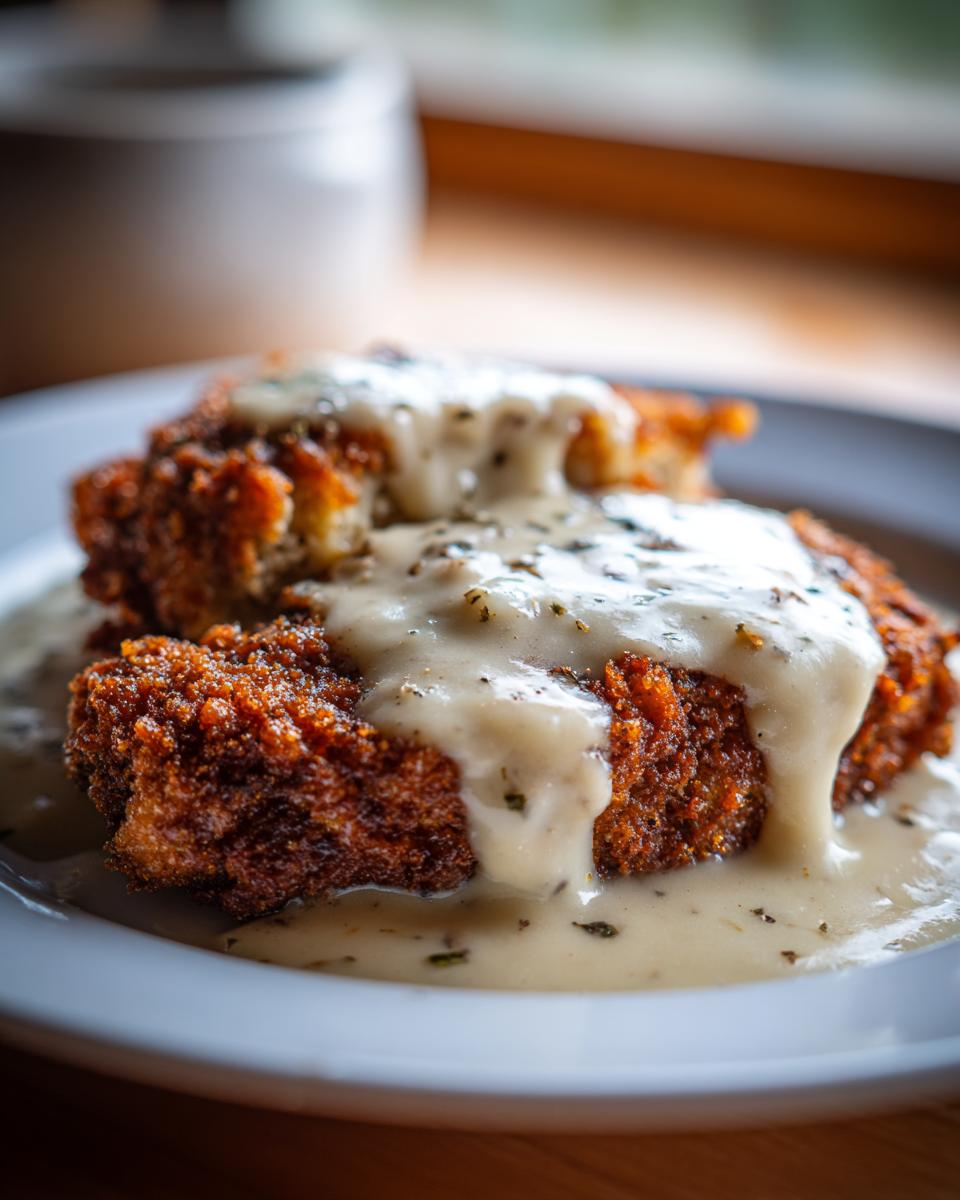 Close-up of crispy, golden-brown chicken fried steak smothered in creamy white pepper gravy.