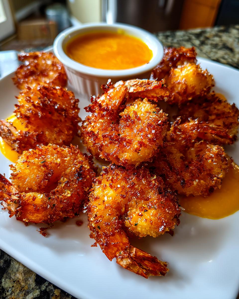 A plate of perfectly fried, crispy coconut shrimp served with a small white ramekin of bright orange dipping sauce.