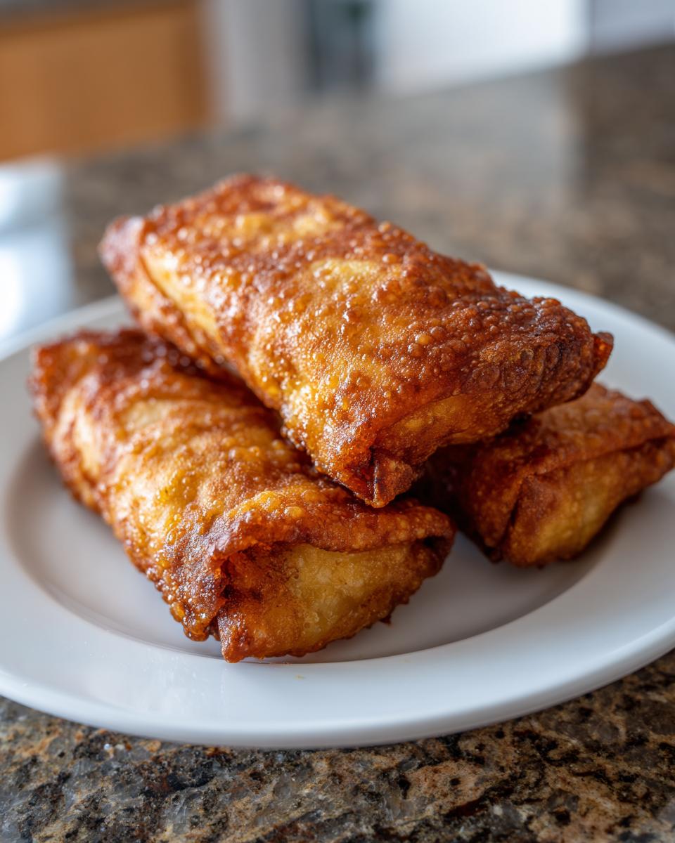 Close-up of three perfectly fried, crispy egg roll appetizers stacked on a white plate.