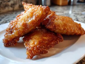 Close-up of several golden brown, crispy fried egg roll pieces stacked on a white plate.