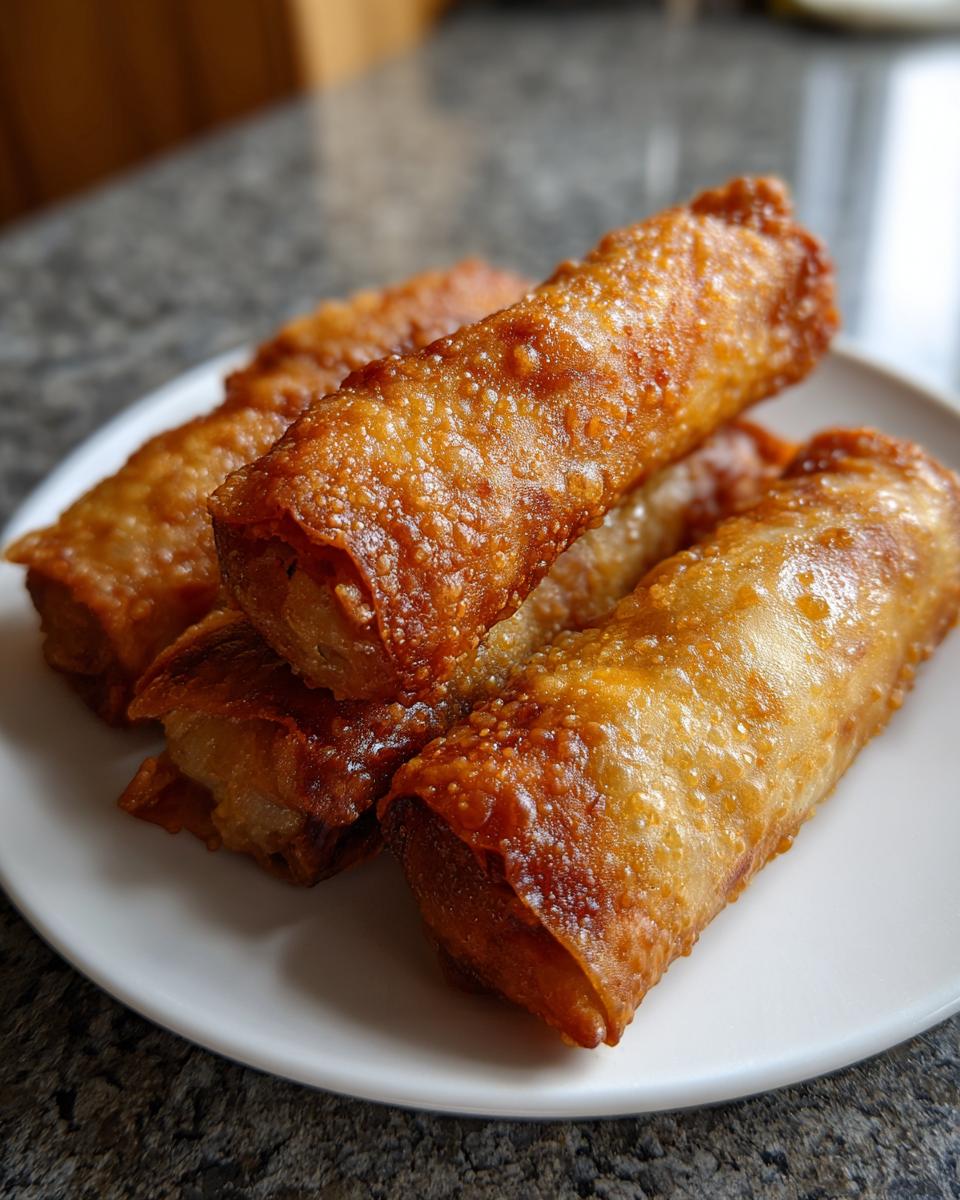 Close-up of several golden brown, crispy fried egg roll appetizers stacked on a small white plate.