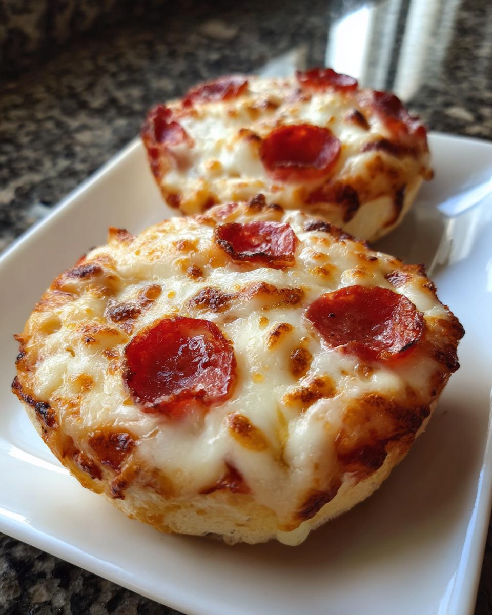 Close-up of two freshly baked pepperoni english muffin pizza halves with melted, bubbly cheese.