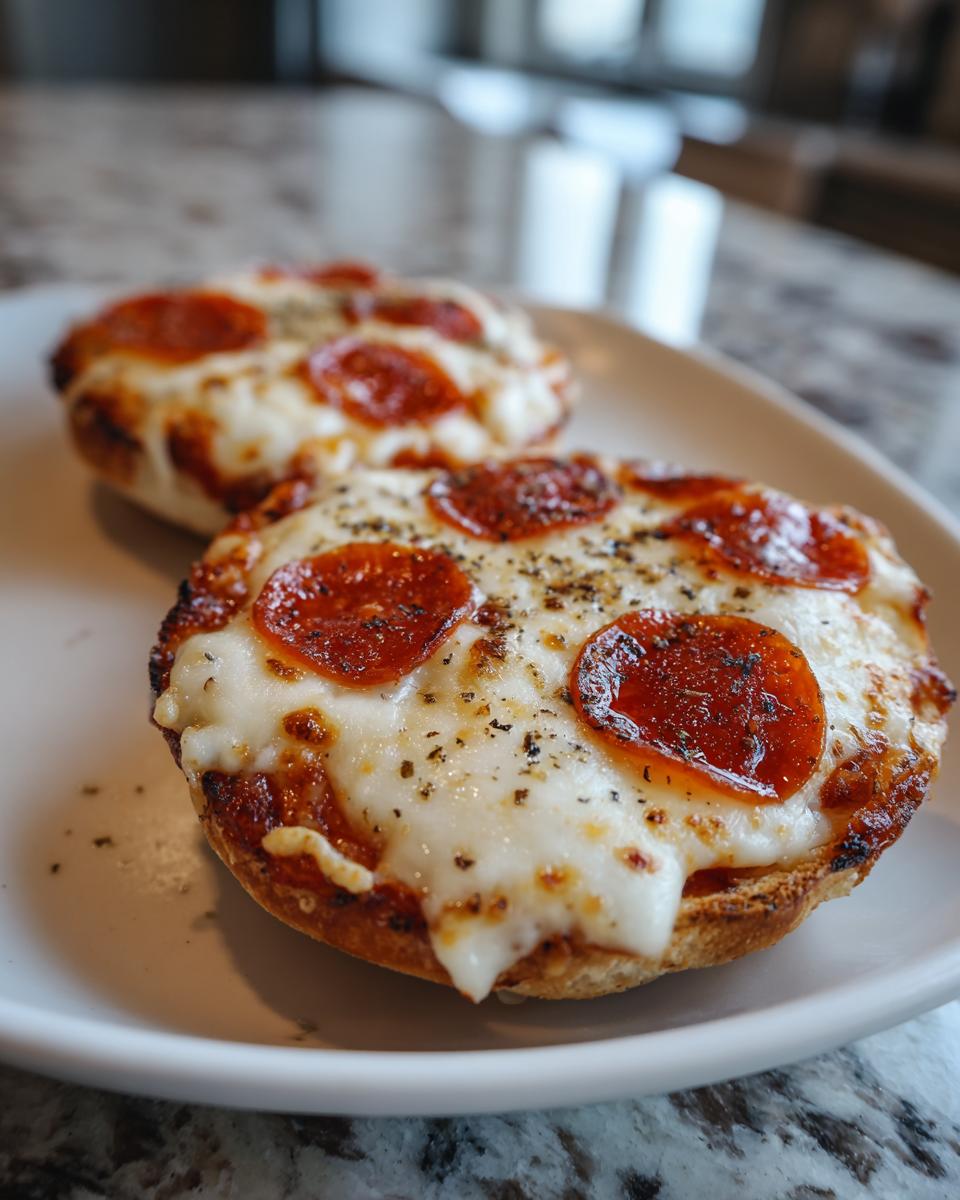 Two freshly baked pepperoni english muffin pizza halves topped with melted cheese and herbs on a white plate.