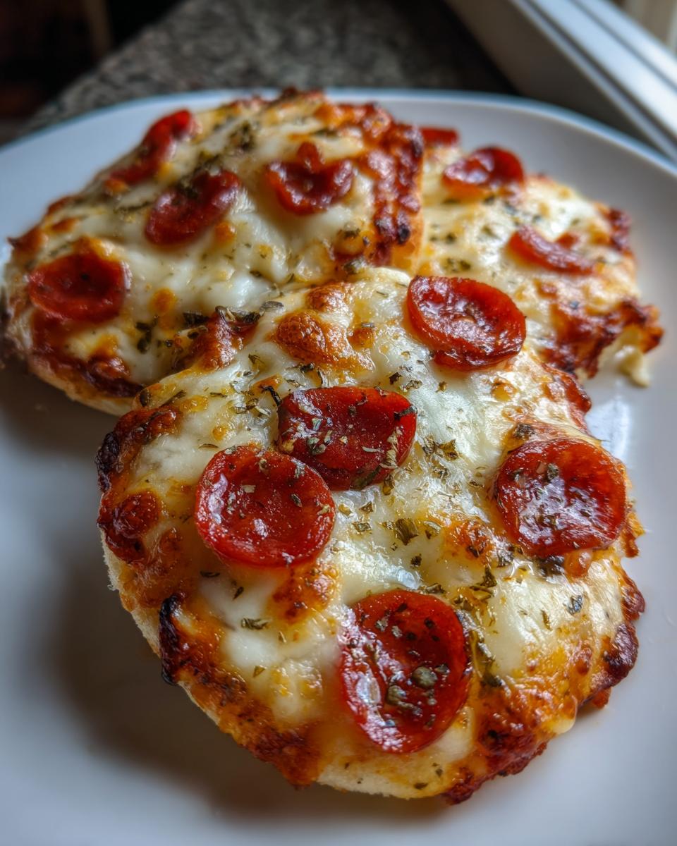 Two halves of a crispy english muffin pizza topped with melted cheese, pepperoni slices, and herbs.