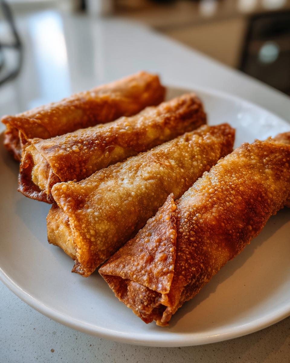 Four golden brown, crispy fried egg roll appetizers arranged on a white plate.