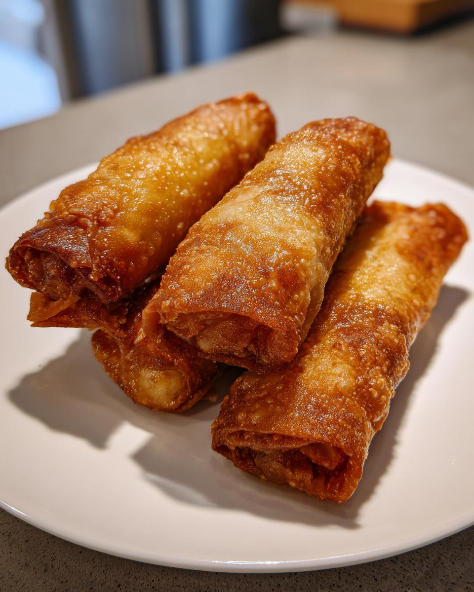 Close-up of four golden brown, crispy fried egg roll appetizers stacked on a white plate.