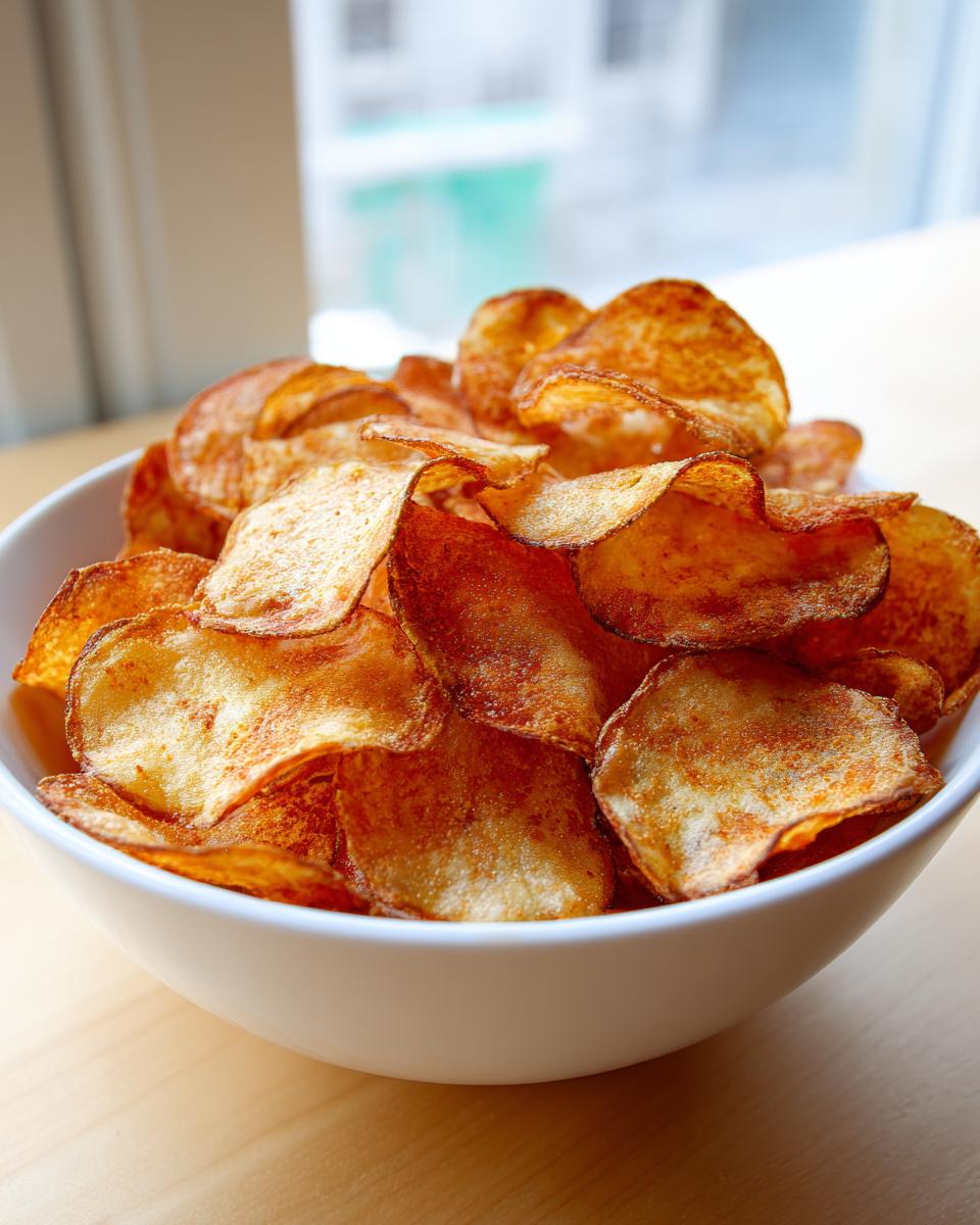 A white bowl overflowing with golden brown, crispy homemade potato chips, ready to eat.
