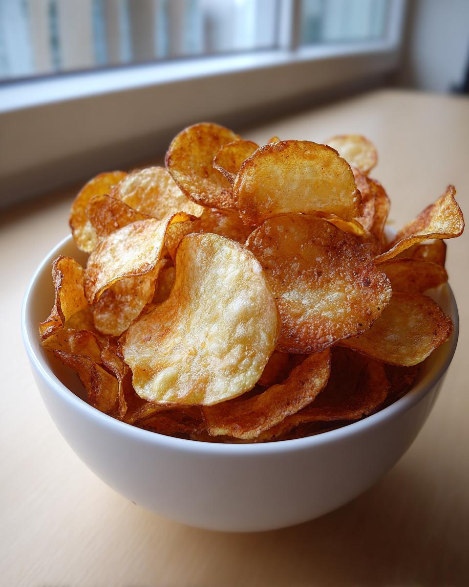 A white bowl overflowing with golden brown, crispy homemade potato chips, ready to eat.