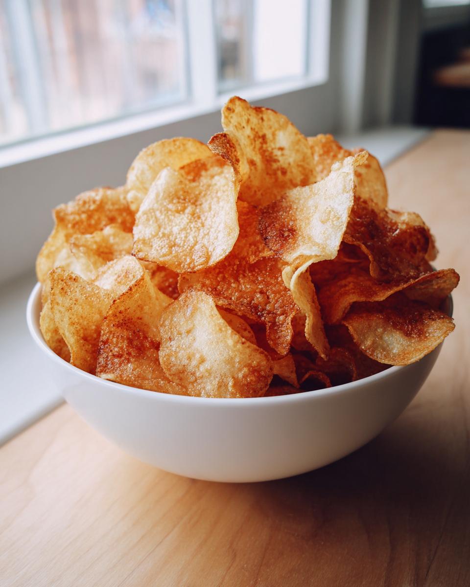 A white bowl overflowing with golden, crispy homemade potato chips sitting on a wooden surface near a window.