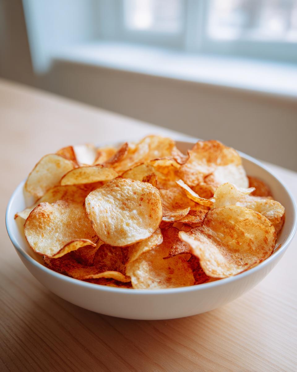 A white bowl filled with golden, crispy homemade potato chips seasoned with spices.