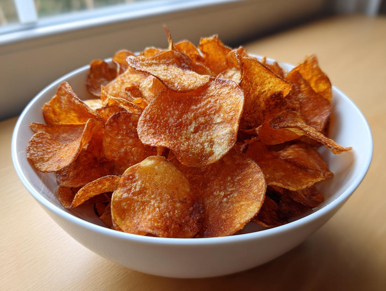 A white bowl filled with golden brown, crispy homemade potato chips, featured prominently.