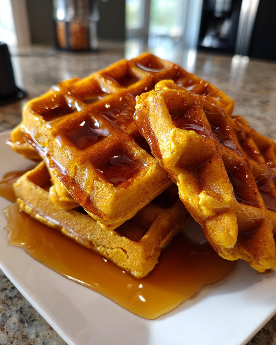 A close-up stack of golden brown pumpkin waffles generously drizzled with syrup on a white plate.