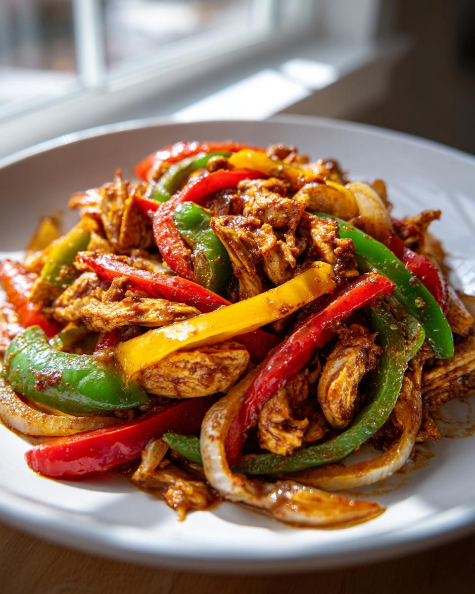 A close-up shot of seasoned shredded chicken mixed with vibrant red, yellow, and green bell peppers and onions for crockpot chicken fajitas.