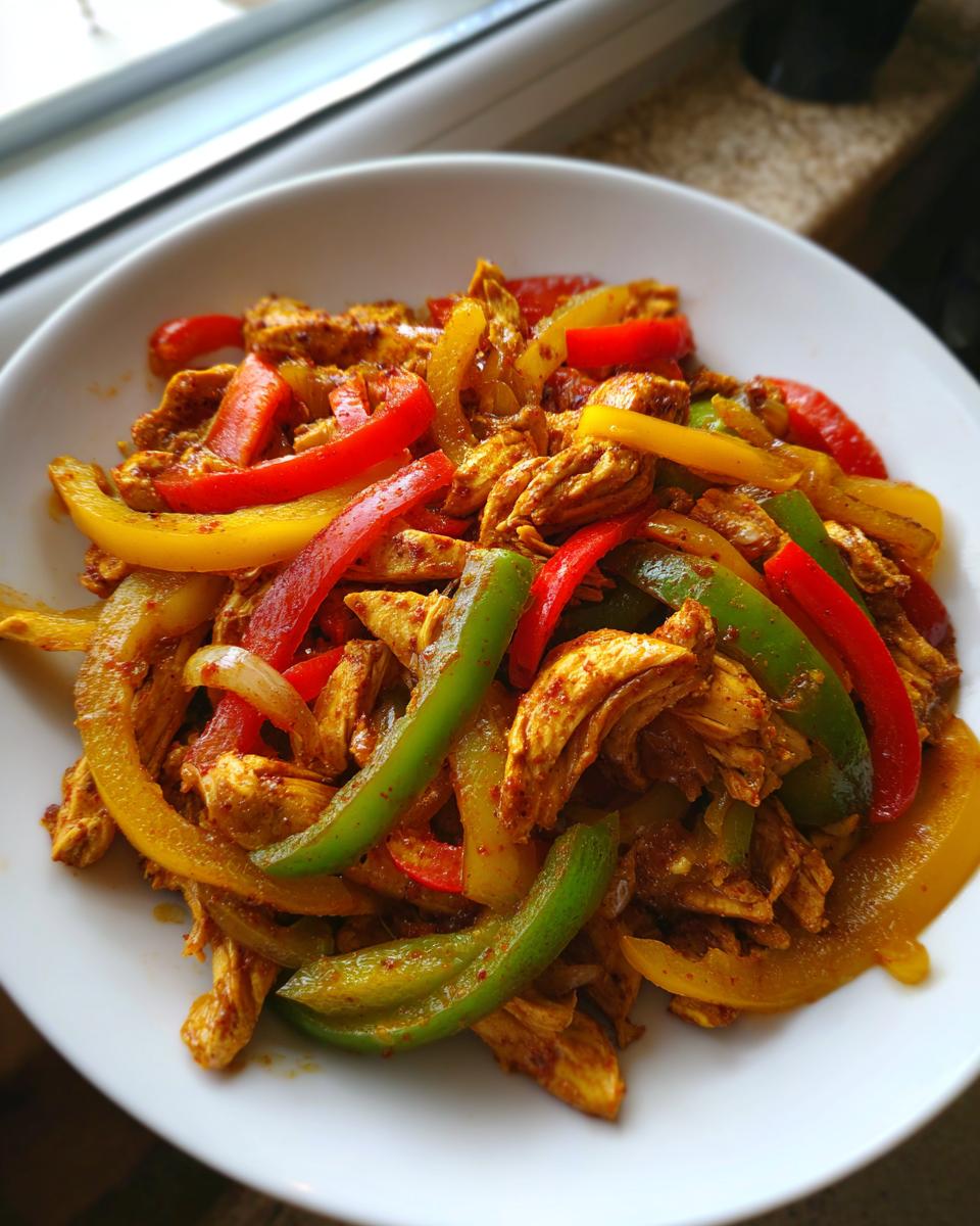 Close-up of shredded chicken mixed with vibrant red, yellow, and green bell pepper strips for crockpot chicken fajitas.