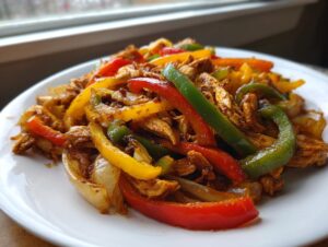 Close-up of savory crockpot chicken fajitas mixed with colorful bell peppers and onions on a white plate.