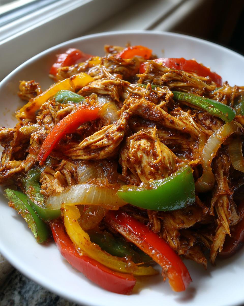 Close-up of shredded crockpot chicken fajitas mixed with colorful sautéed bell peppers and onions in a white bowl.