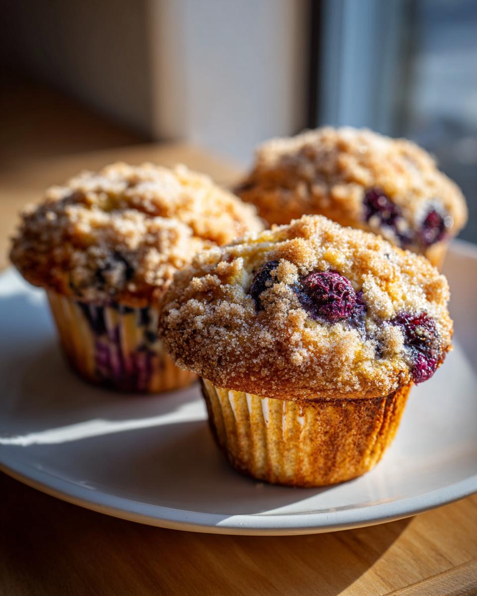 Three golden blueberry muffin treats with a thick, sugary crumb topping sitting on a white plate.