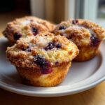 Three golden brown blueberry muffin tops dusted with coarse sugar, sitting on a white plate.