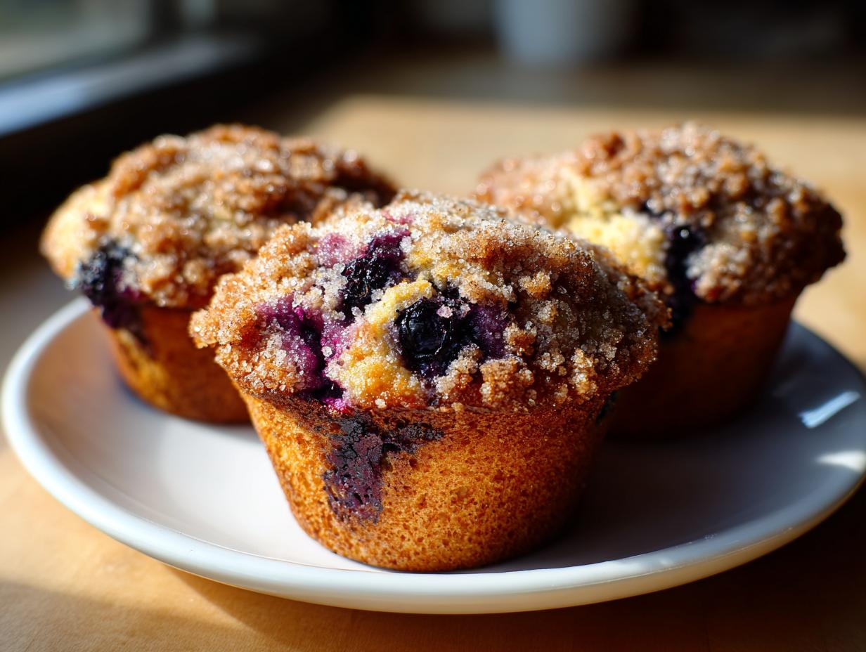 Three golden brown blueberry muffin treats with a generous crumb and sugar topping, served on a white plate.