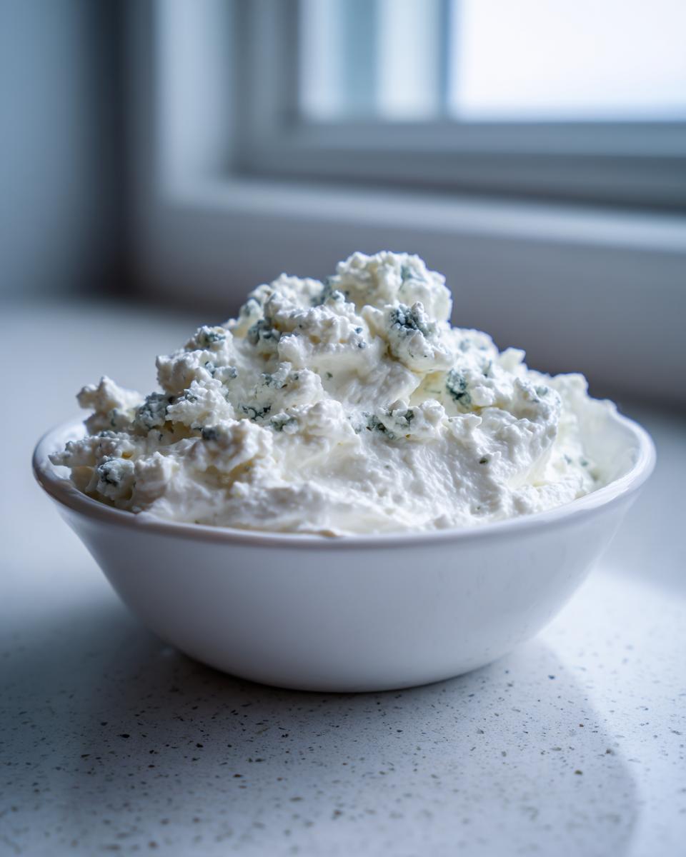 A white bowl filled with creamy, crumbled blue cheese dip ingredients, ready to be mixed.