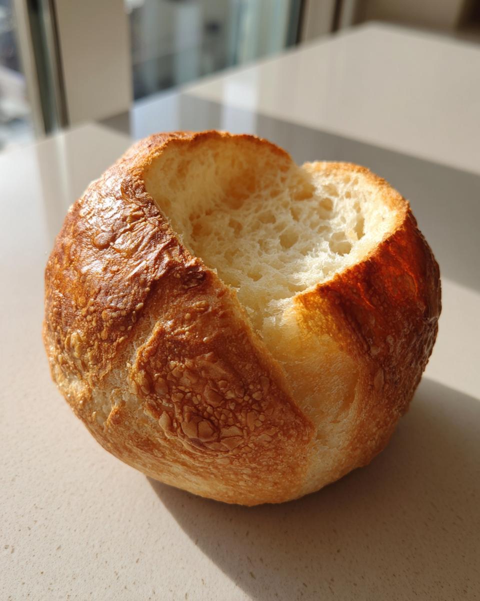 A single, round, crusty bread bowl with the top cut out, ready to be filled for soup night.