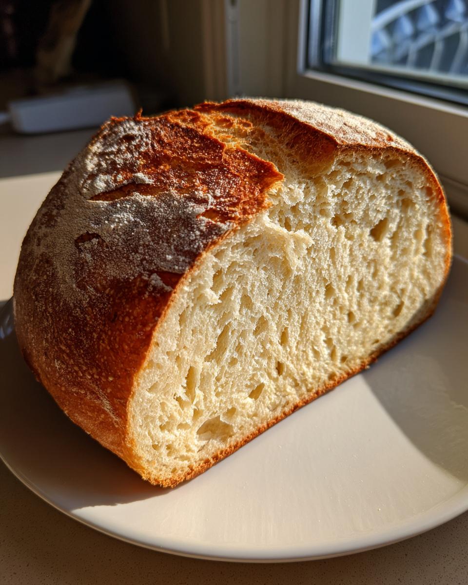 A close-up of a freshly baked loaf of Italian bread, cut in half to show the airy, open crumb structure and golden crust.